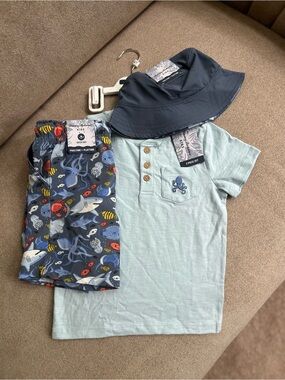 Tommy Bahama Kids Light Blue & Navy Ocean Print Outfit Set trunks tee and hat